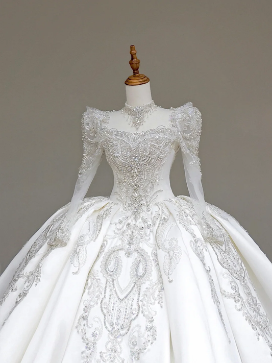 Unique Bridal Gown Ball Gown Sweetheart Long Sleeves White Sequin Wedding Dresses Bridal Gowns DP706