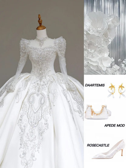 Unique Bridal Gown Ball Gown Sweetheart Long Sleeves White Sequin Wedding Dresses Bridal Gowns DP706