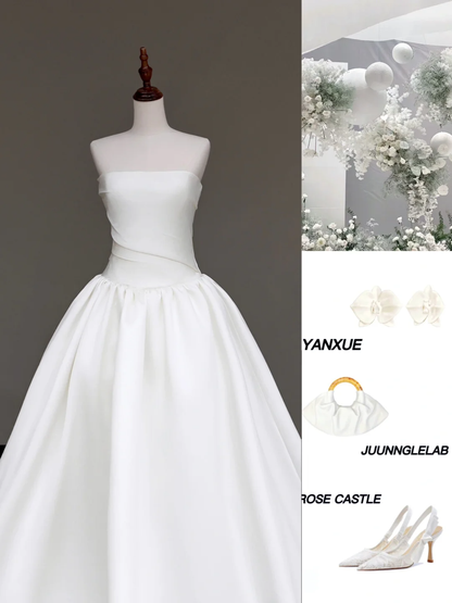 Unique Bridal Gown Ball Gown Strapless White Satin Wedding Dresses Bridal Gowns DP707