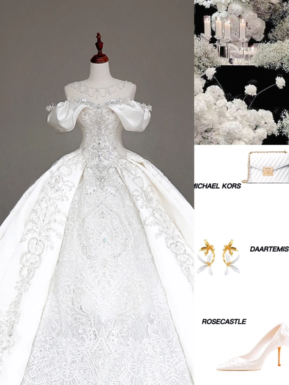 Classy Elegant Ball Gown Off The Shoulder Satin White Short Sleeves Wedding Dress Brides Dress DP711