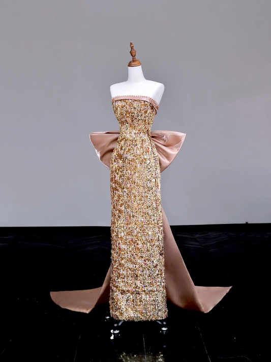 Wunderschönes Etuikleid mit trägerlosem Pailletten in Gold, langes Ballkleid, Partykleid, Abschlusskleider DP712