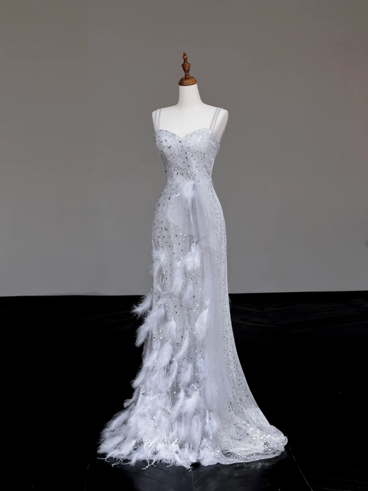 Wunderschönes A-Linie Spaghettiträger Pailletten Silber Langes Ballkleid Partykleid Abschlusskleider DP713