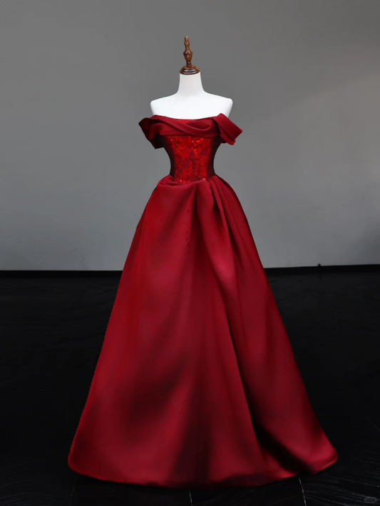 Wunderschönes Ballkleid aus schulterfreiem Burgunder-Satin, lange Ballkleider, Abschlusskleider DP716
