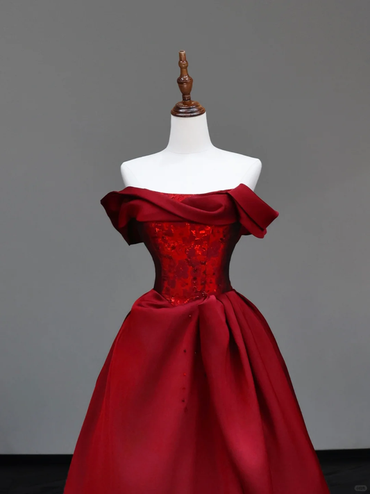 Wunderschönes Ballkleid aus schulterfreiem Burgunder-Satin, lange Ballkleider, Abschlusskleider DP716