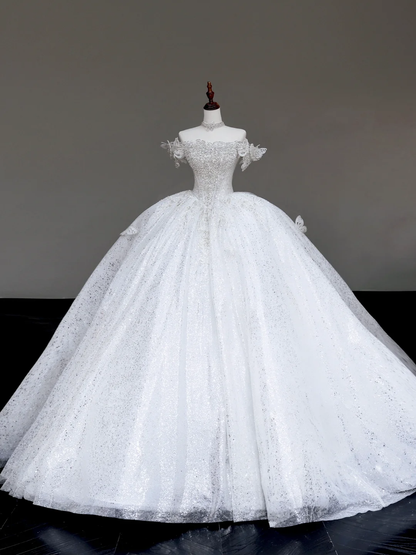 Unique Bridal Gown Ball Gown Off The Shoulder White Sequin Wedding Dresses Bridal Gowns DP719