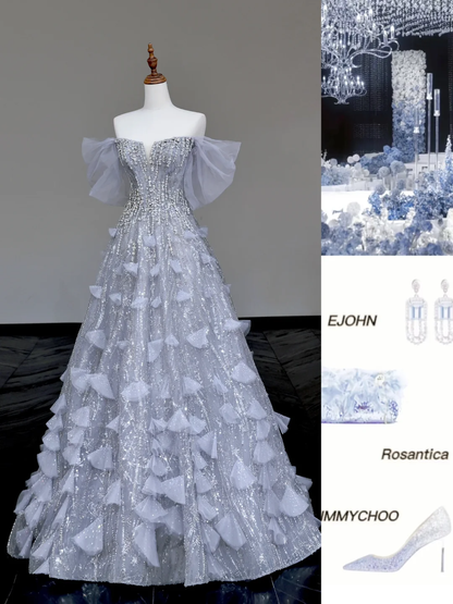Superbe robe de bal à épaules dénudées et paillettes gris argenté, longue robe de bal, robe de remise de diplôme DP721