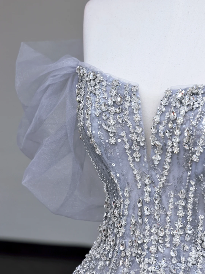 Superbe robe de bal à épaules dénudées et paillettes gris argenté, longue robe de bal, robe de remise de diplôme DP721