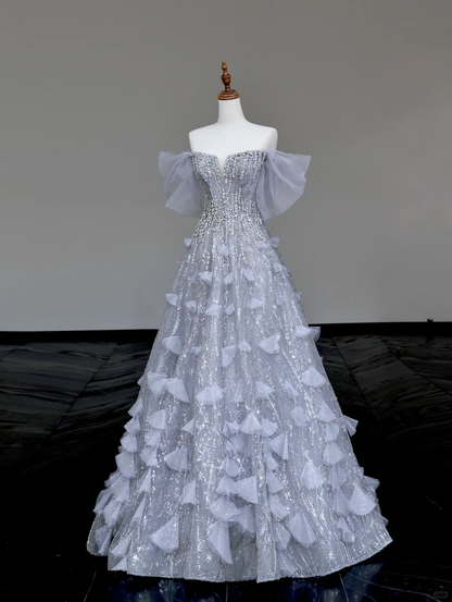 Superbe robe de bal à épaules dénudées et paillettes gris argenté, longue robe de bal, robe de remise de diplôme DP721