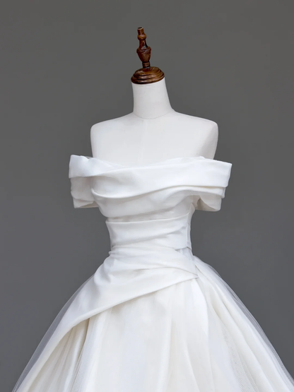 Unique Bridal Gown Ball Gown Off The Shoulder White Satin Wedding Dresses Bridal Gowns DP723