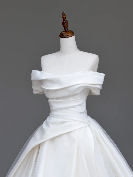 Unique Bridal Gown Ball Gown Off The Shoulder White Satin Wedding Dresses Bridal Gowns DP723
