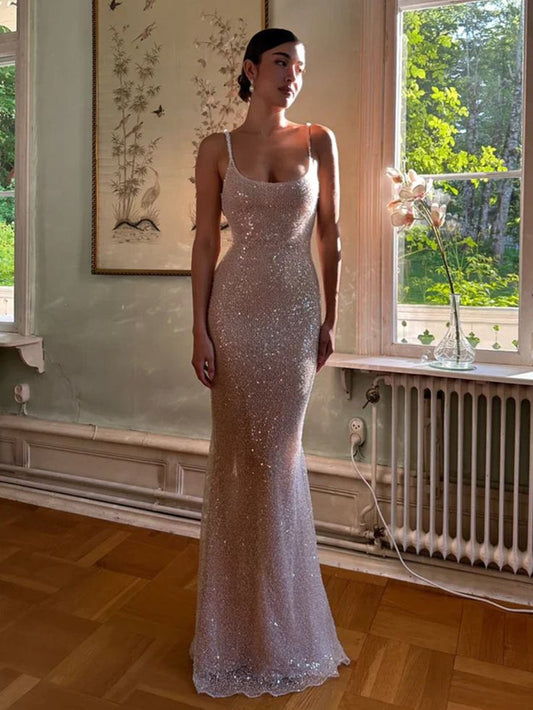 Gorgeous Pink Mermaid Straps Sequin Prom Dresses With Slit Graduation Dresses DP724