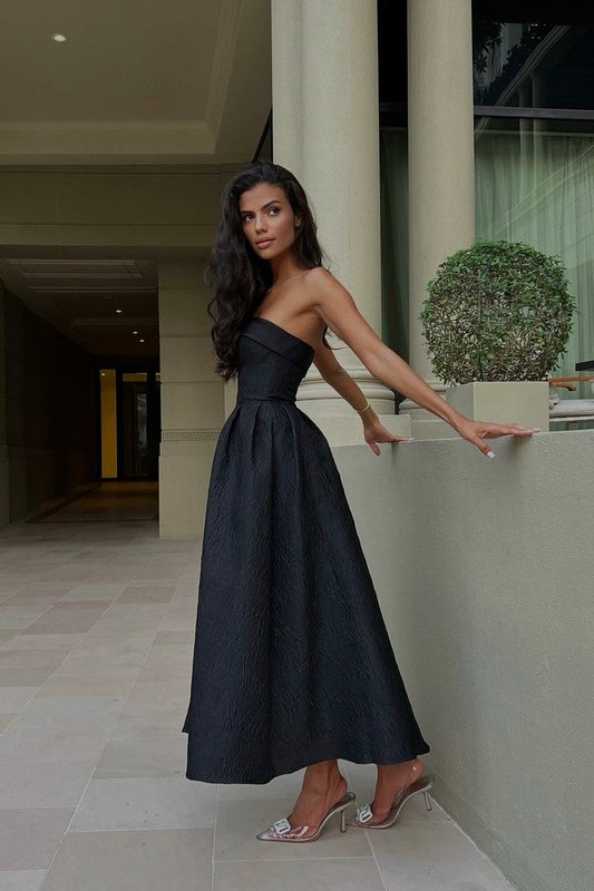Elegant Wedding Guest Outfit A line Strapless Black Satin Prom Dresses Summer Wedding Guest Dresses Graduation Dresses DP728