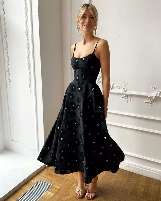 Elegant Wedding Guest Outfit A line Straps Black Satin Night Dresses Summer Wedding Guest Dresses Graduation Dresses DP729