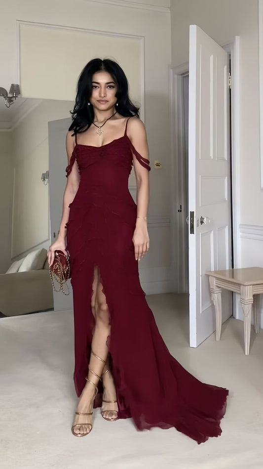 Classy Mermaid Spaghetti Straps Burgundy Prom Dresses Formal Summer Wedding Guest Dresses Wedding Guest Outfits DP736