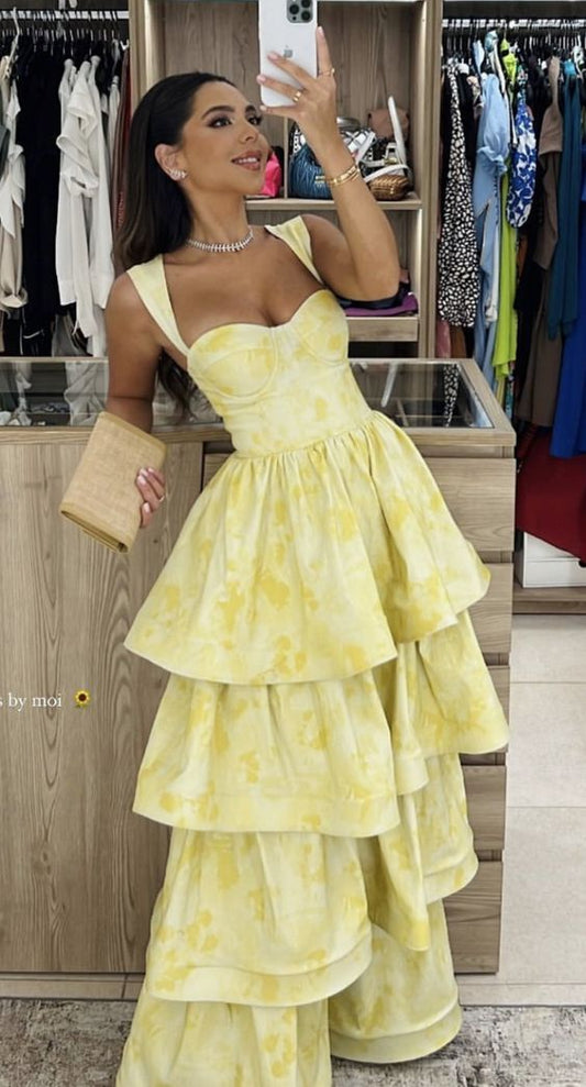 Wunderschöne A-Linie Gelbe Blumen Ballkleider Formale Sommer Hochzeitsgastkleider Hochzeitsgast-Outfits DP743