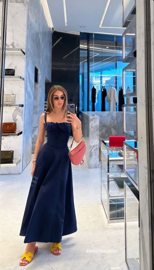 Elegantes Hochzeitsgast-Outfit A-Linie Träger Marineblau Abendkleider Sommer Hochzeitsgastkleider Abschlusskleider DP747