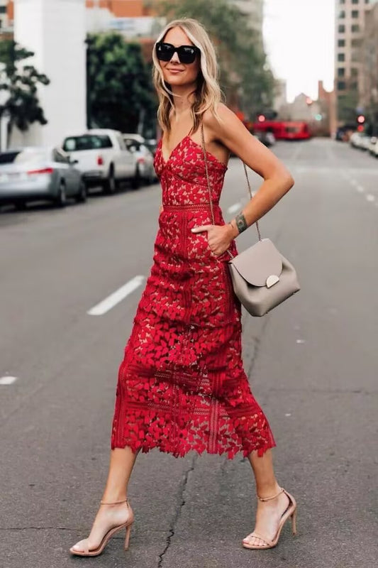 Edle Etuikleider mit Spaghettiträgern, rote Spitze, Ballkleider für Hochzeitsgäste, Sommerkleider, Outfits für Hochzeitsgäste, DP748
