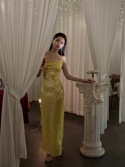 Classy Mermaid Spaghetti Straps Yellow Sequin Prom Dresses Summer Wedding Guest Dresses Wedding Guest Outfits DP751