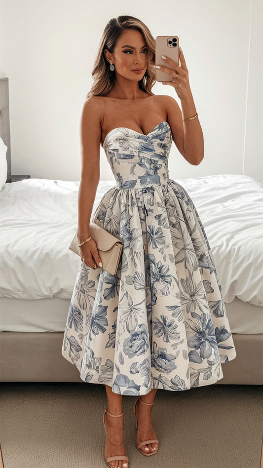 Elegant Wedding Guest Outfit Ball Gown Blue Floral Formal Night Dresses Summer Tea Length Wedding Guest Dresses DP769