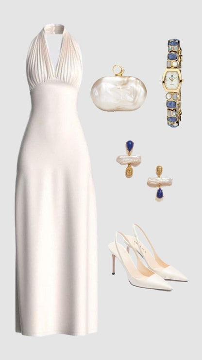 Wunderschönes weißes A-Linien-Neckholder-Ballkleid für formelle Sommerhochzeitsgäste, Outfits für Hochzeitsgäste, DP770