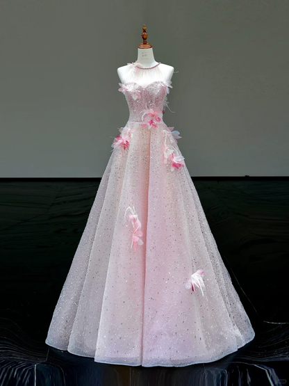 Stunning Ball Gown High Neckline Pink Sequin Long Prom Dress Party Dress Graduation Dresses DP804
