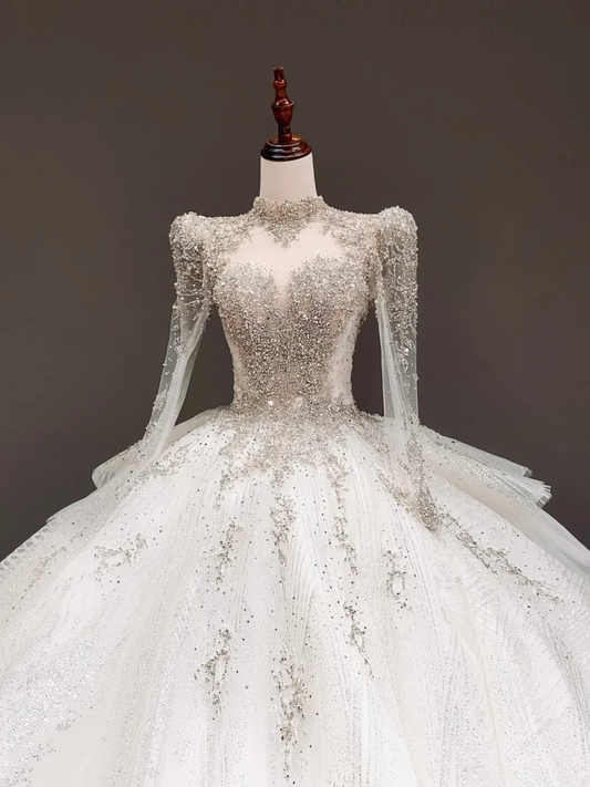 Princess Bridal Gown Ball Gown Sweetheart Long Sleeves White Sequin Wedding Dresses Bridal Gowns DP814