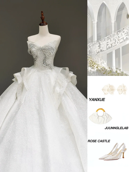 Prinzessin Brautkleid Ballkleid Schatz Weiß Pailletten Brautkleider Mit Bow-knot Brautkleider DP816