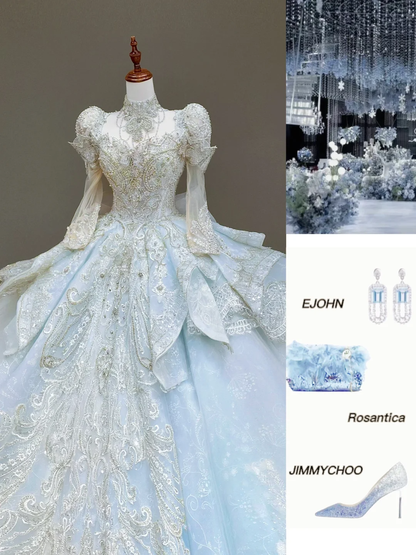 Prinzessin Brautkleid Ballkleid Hoher Ausschnitt Blau Pailletten Perlen Brautkleider Brautkleider DP830