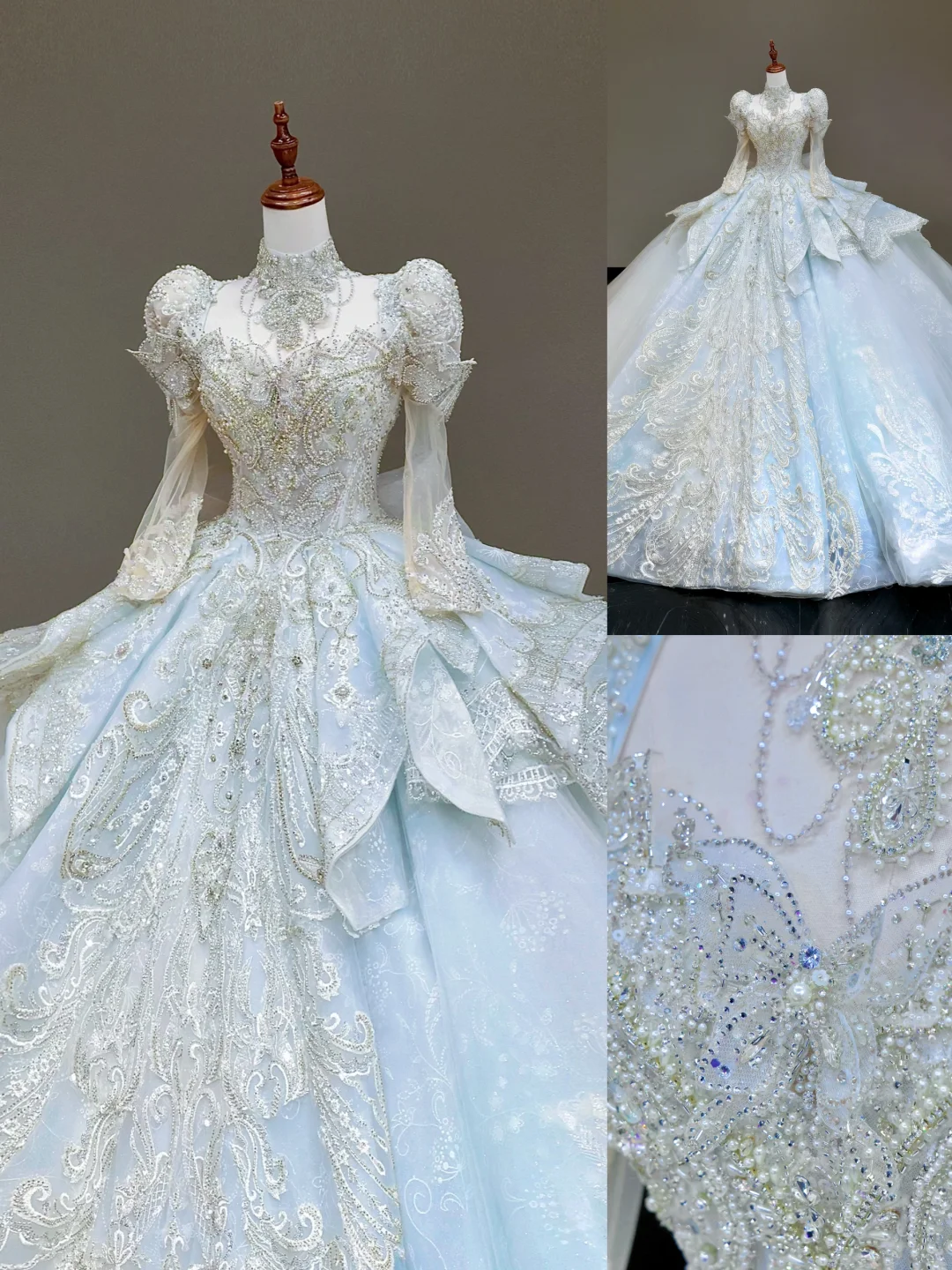 Prinzessin Brautkleid Ballkleid Hoher Ausschnitt Blau Pailletten Perlen Brautkleider Winter Brautkleider DP837