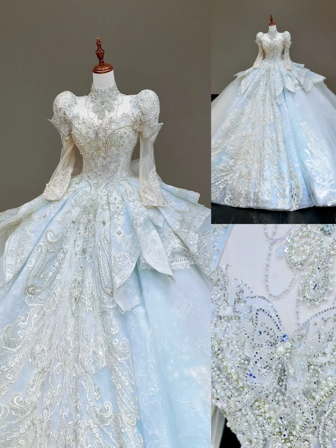 Prinzessin Brautkleid Ballkleid Hoher Ausschnitt Blau Pailletten Perlen Brautkleider Winter Brautkleider DP837