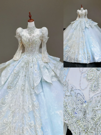 Prinzessin Brautkleid Ballkleid Hoher Ausschnitt Blau Pailletten Perlen Brautkleider Winter Brautkleider DP837