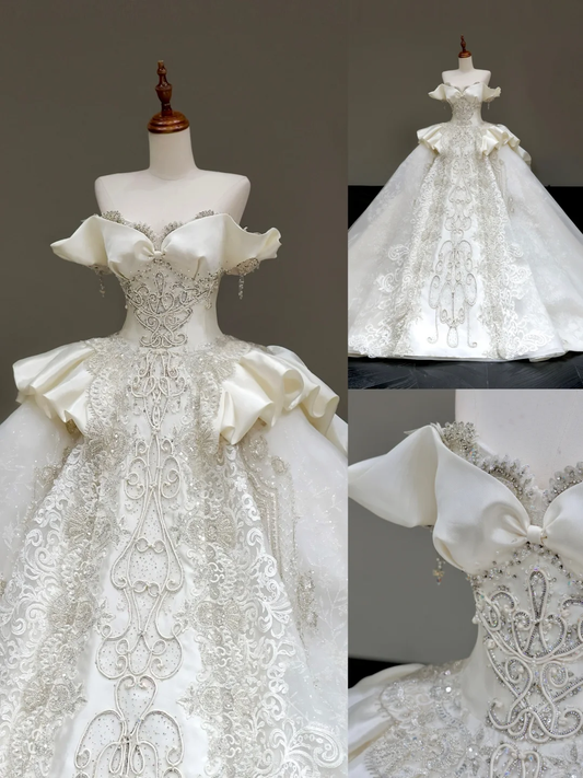 Prinzessin Brautkleid Ballkleid aus der Schulter weiße Pailletten Perlen Brautkleider Winter Brautkleider DP839