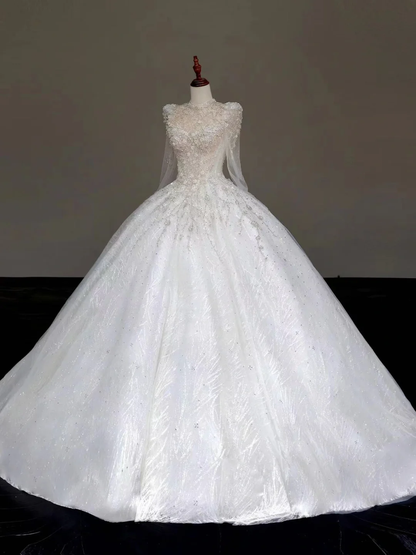 Prinzessin Brautkleid Ballkleid Hoher Ausschnitt Weiß Pailletten Perlen Brautkleider Winter Brautkleider DP871