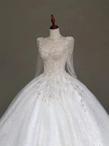 Prinzessin Brautkleid Ballkleid Hoher Ausschnitt Weiß Pailletten Perlen Brautkleider Winter Brautkleider DP871
