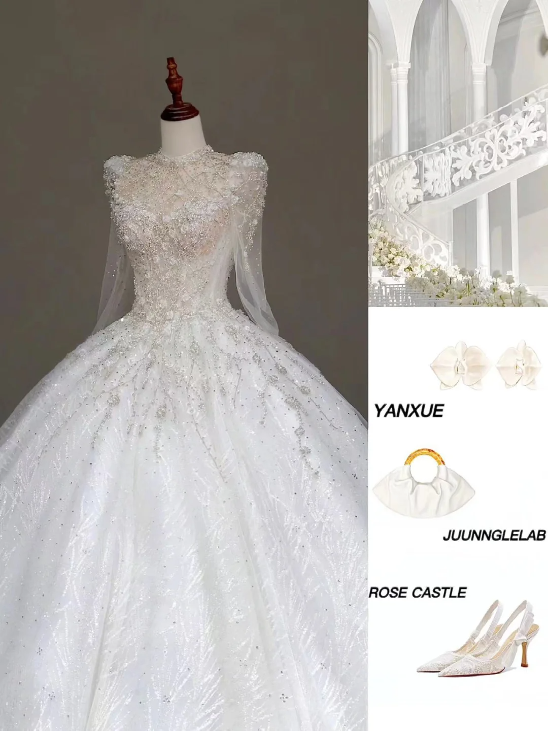 Prinzessin Brautkleid Ballkleid Hoher Ausschnitt Weiß Pailletten Perlen Brautkleider Winter Brautkleider DP871