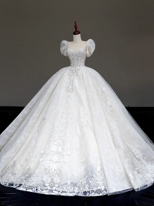 Prinzessin Brautkleid Ballkleid Schatz Spitze Weiß Perlen Brautkleider Mit Ärmeln Brautkleider DP872