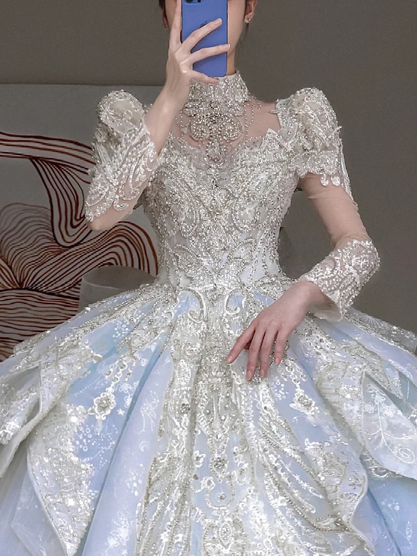Prinzessin Brautkleid Ballkleid Hoher Ausschnitt Blau Pailletten Perlen Brautkleider Brautkleider DP853