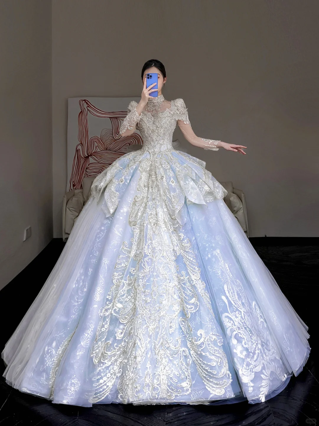 Prinzessin Brautkleid Ballkleid Hoher Ausschnitt Blau Pailletten Perlen Brautkleider Brautkleider DP853