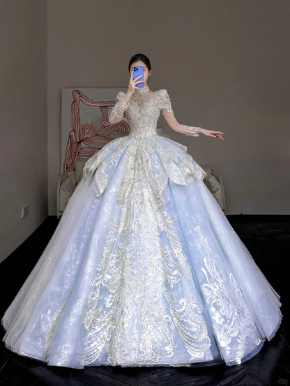 Prinzessin Brautkleid Ballkleid Hoher Ausschnitt Blau Pailletten Perlen Brautkleider Brautkleider DP853