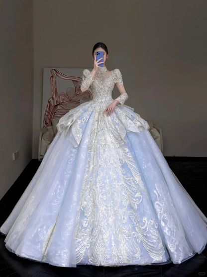 Prinzessin Brautkleid Ballkleid Hoher Ausschnitt Blau Pailletten Perlen Brautkleider Brautkleider DP853