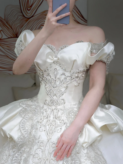 Prinzessin Brautkleid Ballkleid aus der Schulter weiße Pailletten Perlen Brautkleider Winter Brautkleider DP861