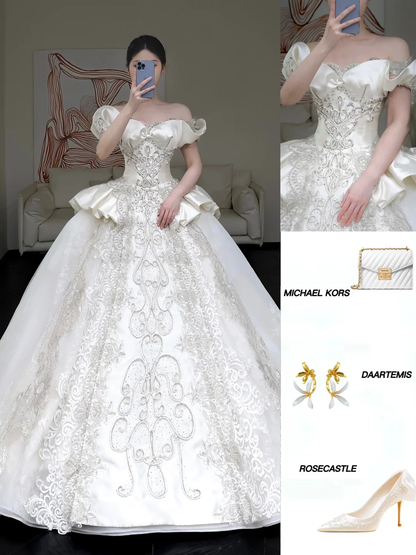 Prinzessin Brautkleid Ballkleid aus der Schulter weiße Pailletten Perlen Brautkleider Winter Brautkleider DP861