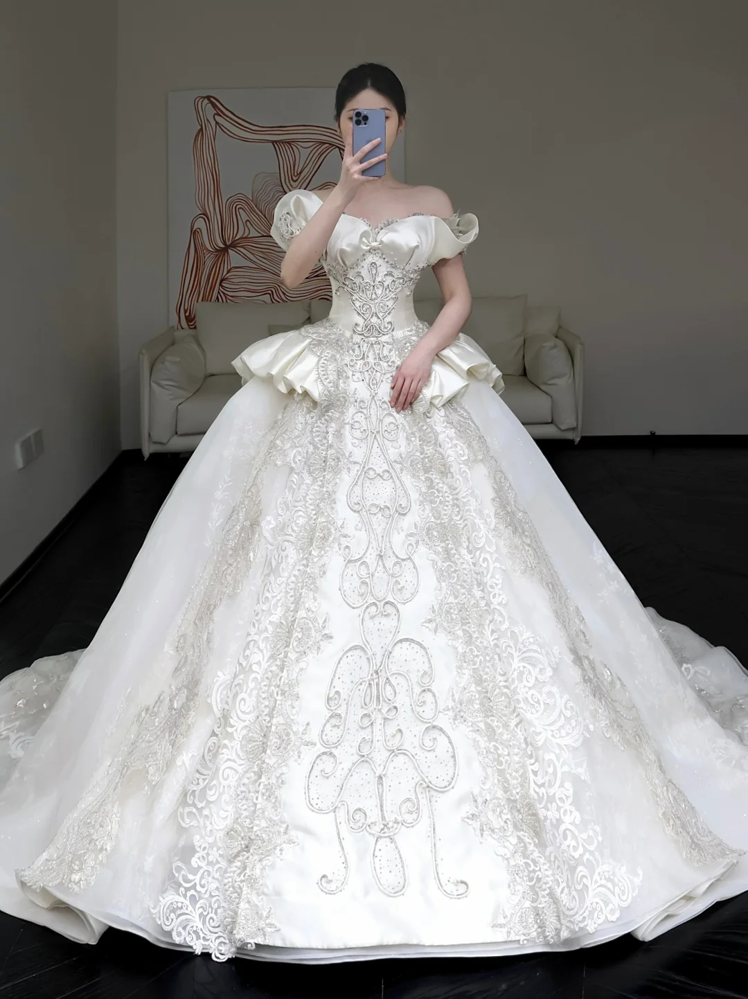 Prinzessin Brautkleid Ballkleid aus der Schulter weiße Pailletten Perlen Brautkleider Winter Brautkleider DP861