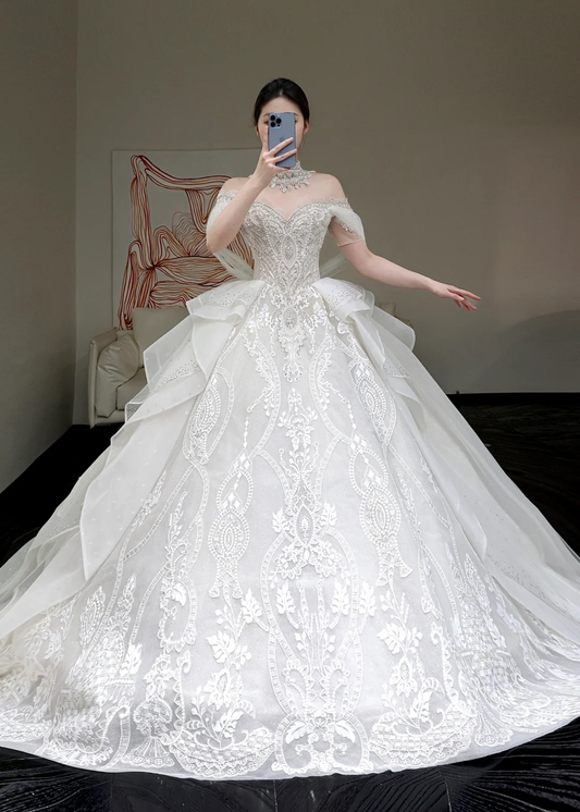 Prinzessin Brautkleid Ballkleid Weg Von Der Schulter Weiß Pailletten Perlen Brautkleider Winter Brautkleider DP863
