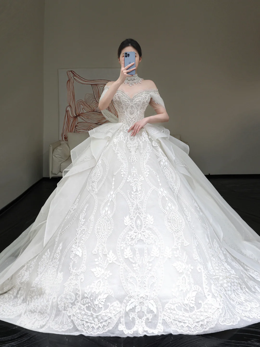 Prinzessin Brautkleid Ballkleid Weg Von Der Schulter Weiß Pailletten Perlen Brautkleider Winter Brautkleider DP863