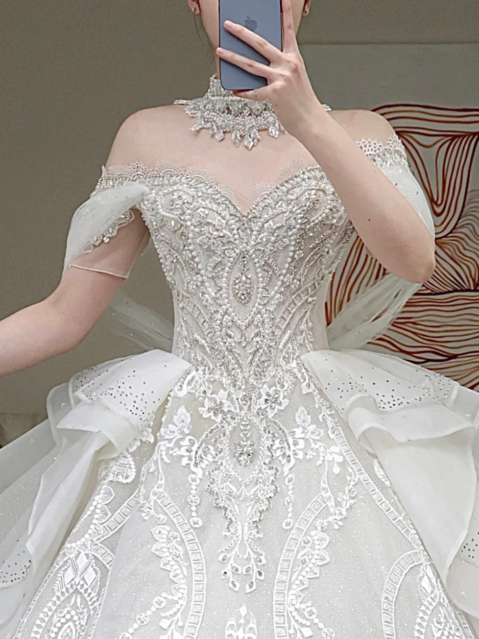 Prinzessin Brautkleid Ballkleid Weg Von Der Schulter Weiß Pailletten Perlen Brautkleider Winter Brautkleider DP863