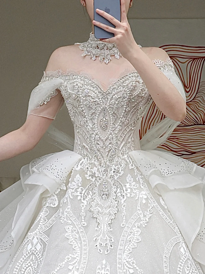 Prinzessin Brautkleid Ballkleid Weg Von Der Schulter Weiß Pailletten Perlen Brautkleider Winter Brautkleider DP863