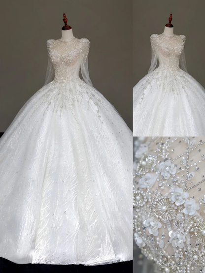 Prinzessin Brautkleid Ballkleid Hoher Ausschnitt Weiß Pailletten Perlen Brautkleider Winter Brautkleider DP871