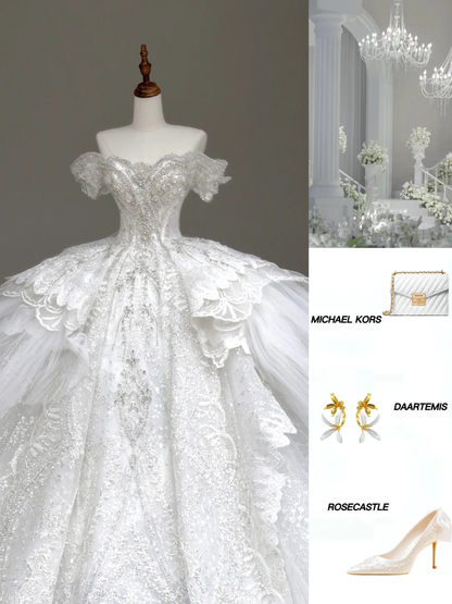 Prinzessin Brautkleid Ballkleid Weg Von Der Schulter Weiß Pailletten Perlen Brautkleider Winter Brautkleider DP875