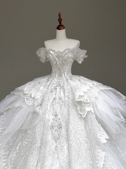 Prinzessin Brautkleid Ballkleid Weg Von Der Schulter Weiß Pailletten Perlen Brautkleider Winter Brautkleider DP875